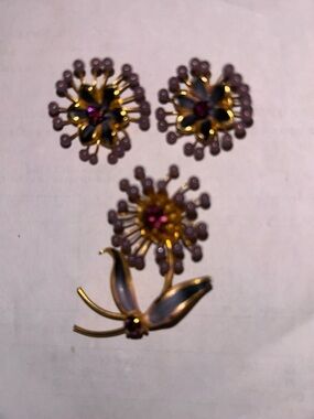 Vintage Enameled Glass Wire Flower Set Earrings and Brooch